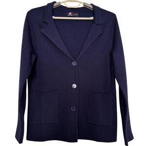 Kancy Kole Knit Blazer Jacket Navy Blue Medium pockets minimalist *small flaw